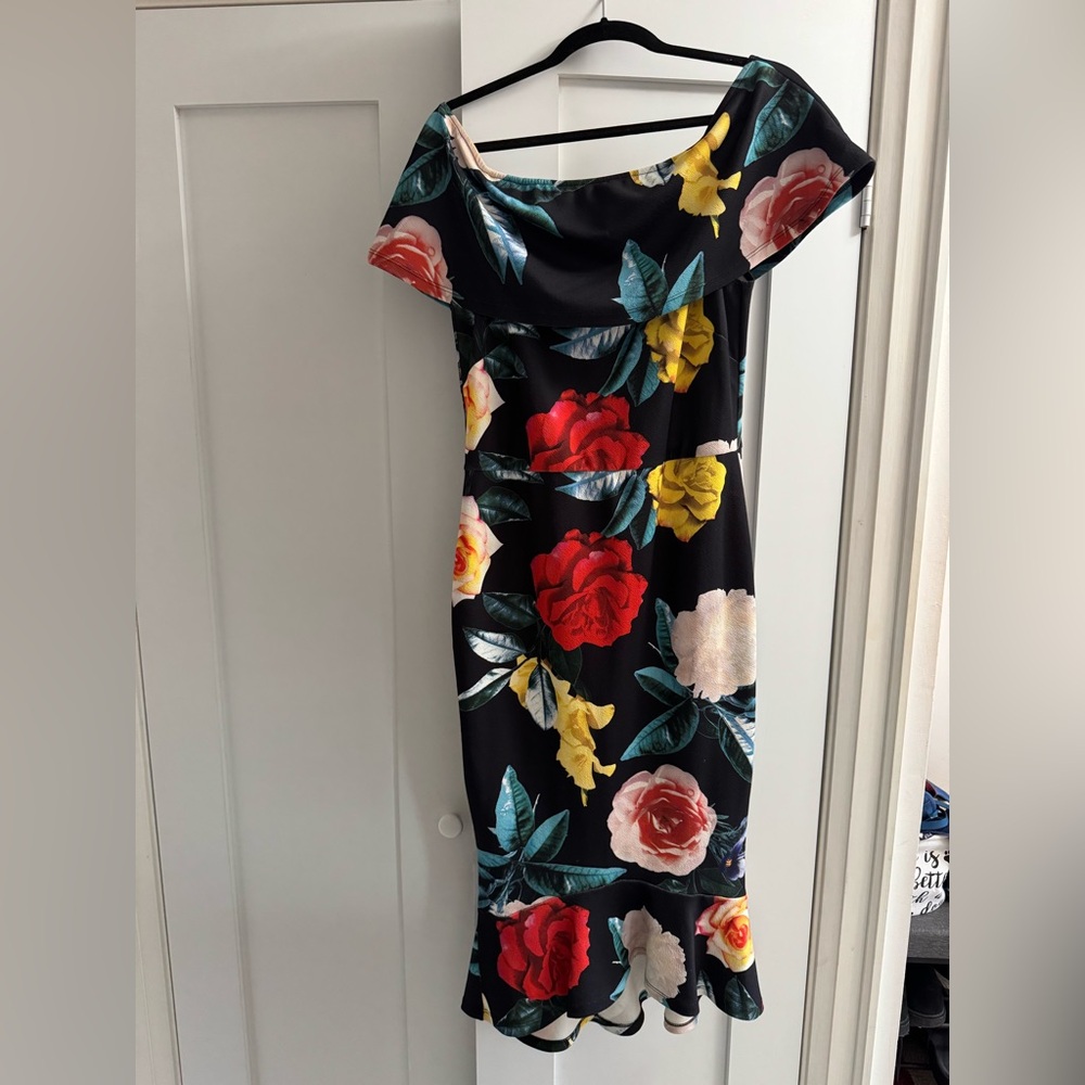 Off-Shoulder Black Floral Midi Dress - Red & Yellow Rose Print